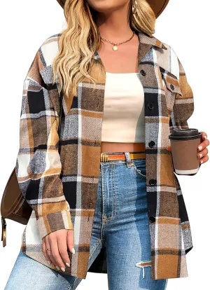 IN'VOLAND Womens Plus Size Shacket Jacket Flannel Plaid Long Sleeve Button Down Shirts Casual Fall Blouses Tops