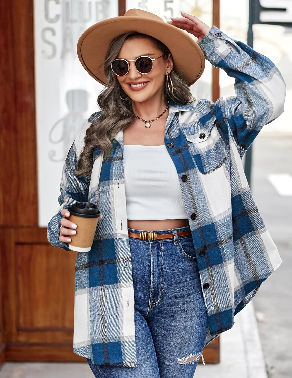 IN'VOLAND Womens Plus Size Shacket Jacket Flannel Plaid Long Sleeve Button Down Shirts Casual Fall Blouses Tops