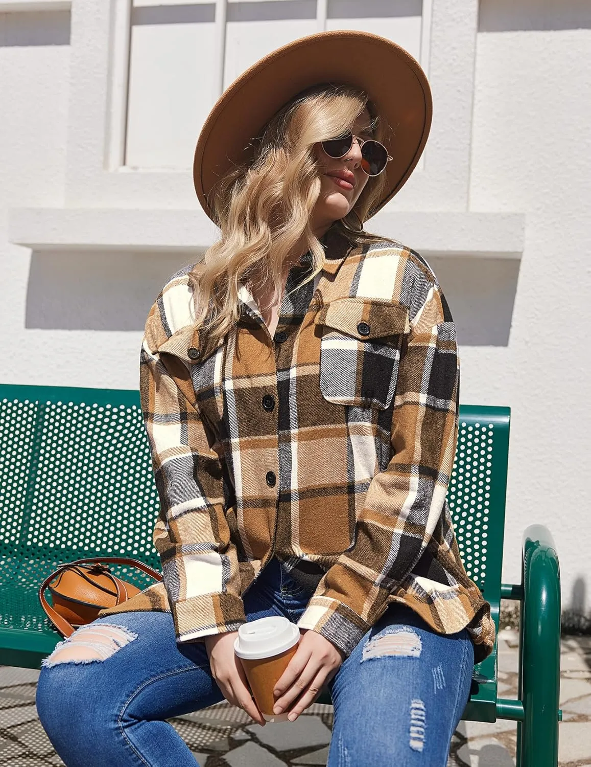 IN'VOLAND Womens Plus Size Shacket Jacket Flannel Plaid Long Sleeve Button Down Shirts Casual Fall Blouses Tops