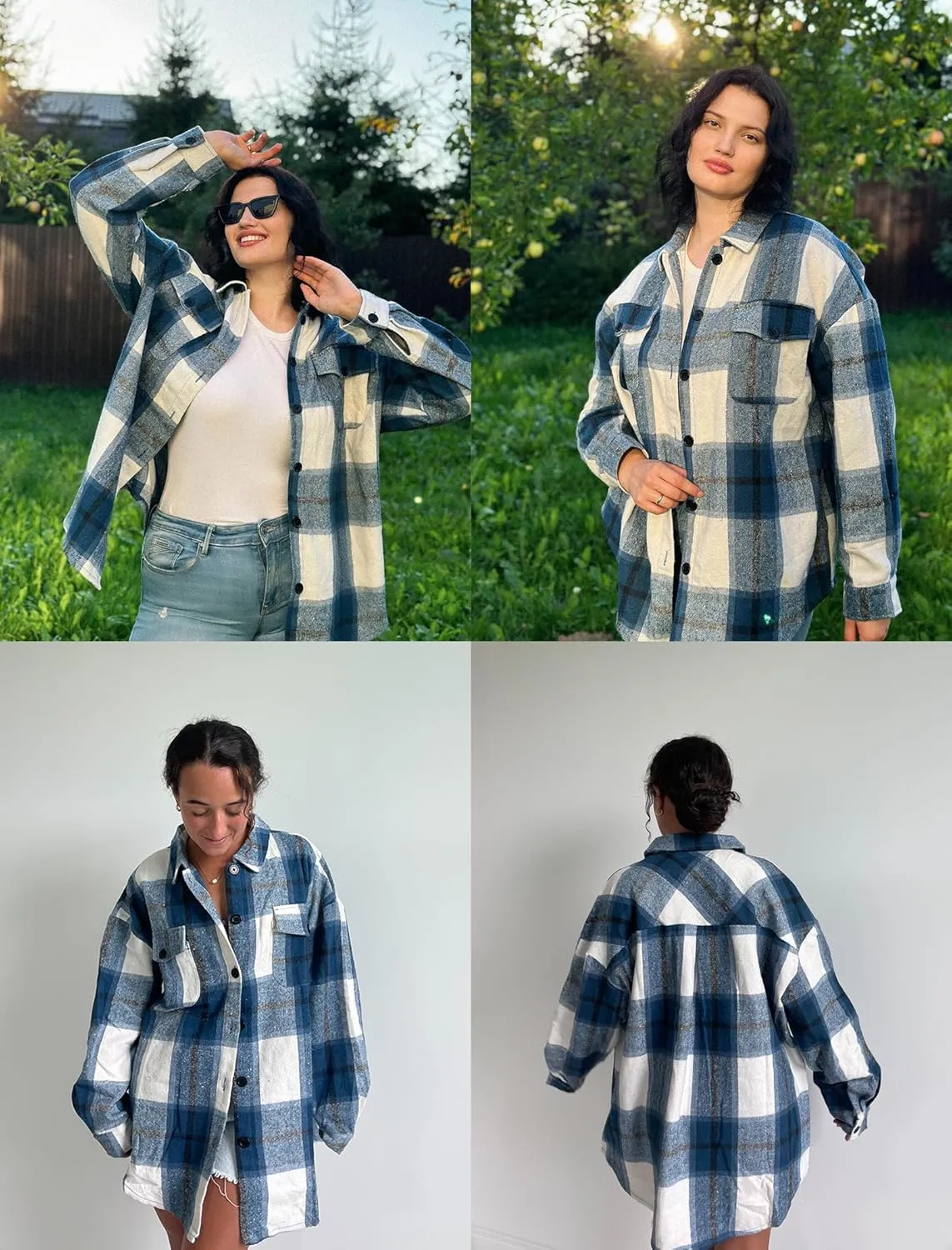 IN'VOLAND Womens Plus Size Shacket Jacket Flannel Plaid Long Sleeve Button Down Shirts Casual Fall Blouses Tops