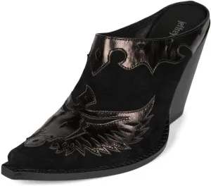 Jeffrey Campbell Eagleton Black Patent Pointed Toe Slip On Stacked Heels Mules