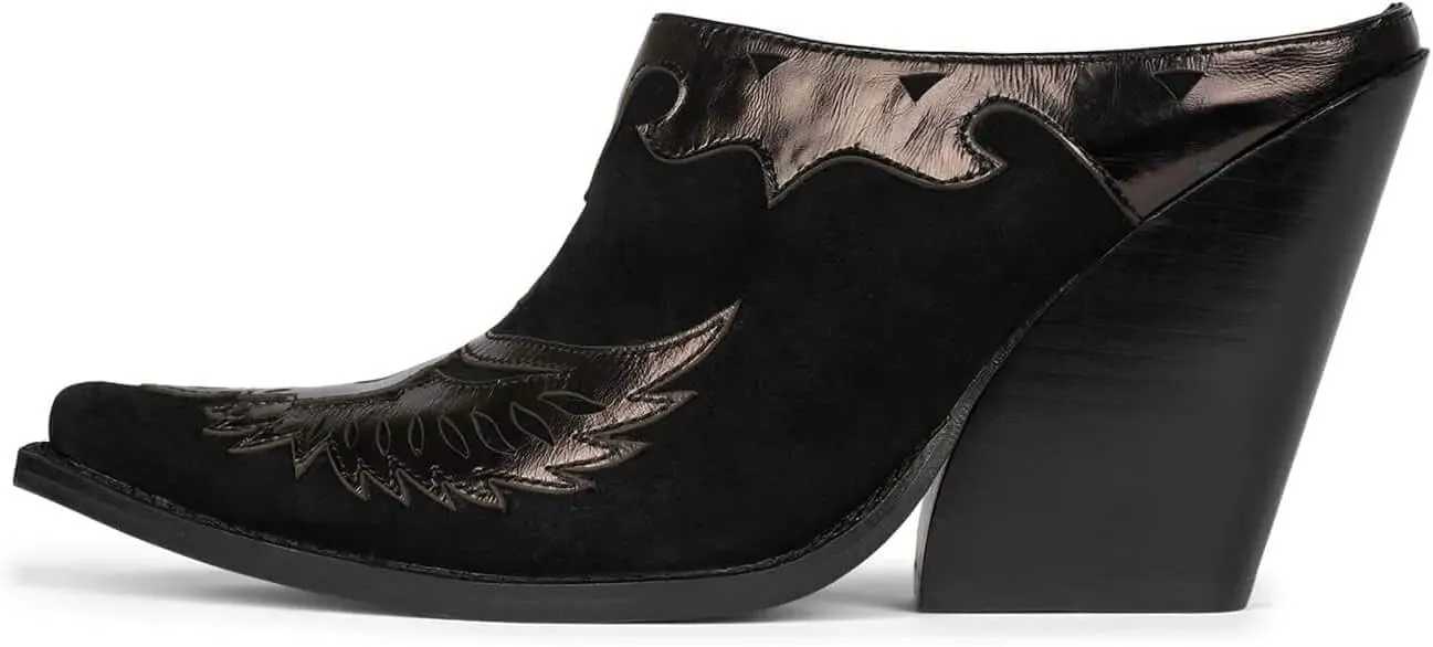 Jeffrey Campbell Eagleton Black Patent Pointed Toe Slip On Stacked Heels Mules