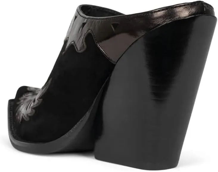 Jeffrey Campbell Eagleton Black Patent Pointed Toe Slip On Stacked Heels Mules