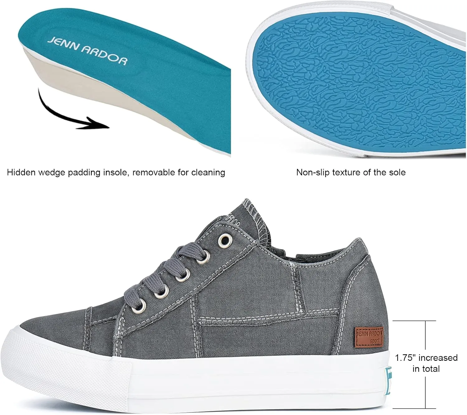 JENN ARDOR Wedge Sneakers for Women Fashion Canvas Shoes Casual Platform Hidden Heel Womens Slip On Sneaker Non Slip Side Zipper