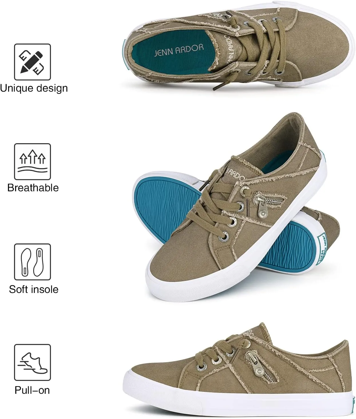 JENN ARDOR Women's Fashion Slip on Sneakers Tennis Shoes Non Slip Casual Canvas Shoes for Women Comfortable Walking Shoes Low Top Sneakers Flats with Zipper