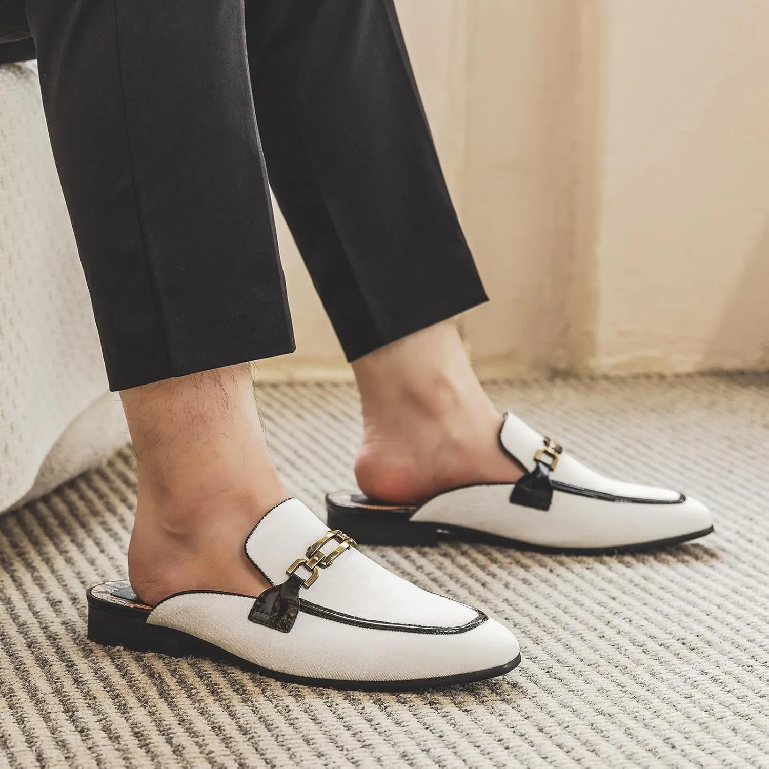 JITAI Mens Mules Velvet Slippers Slip-On Loafers for Men Casual Open Backless Sandals