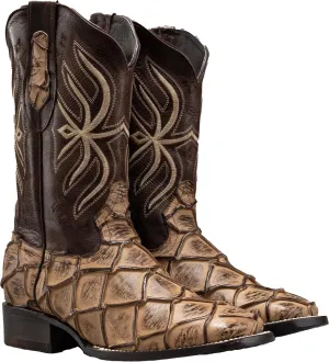 Joe Boots 708 Exotic Pirarucu Leather Print Men's Embroidered Square Toe Cowboy/Rodeo Boots Leather outsole