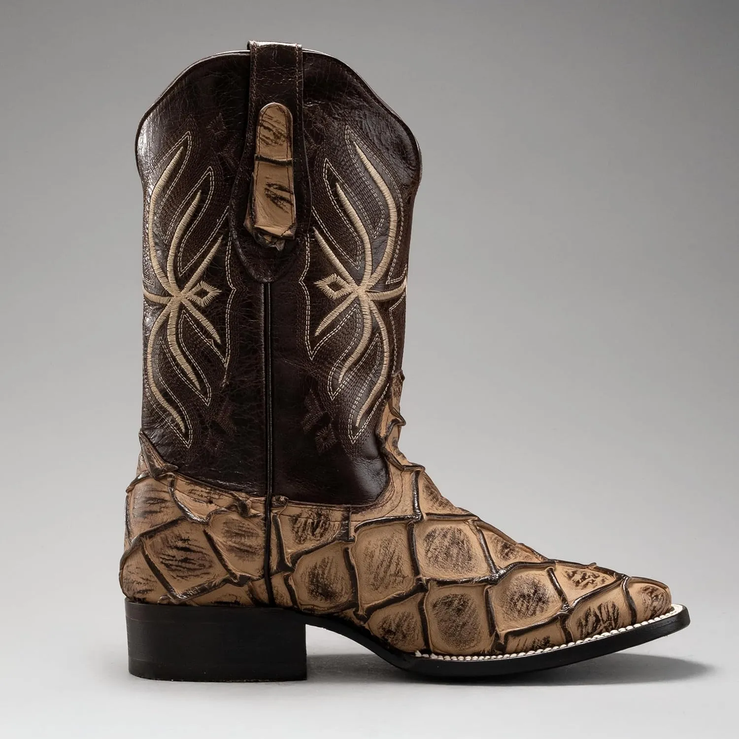 Joe Boots 708 Exotic Pirarucu Leather Print Men's Embroidered Square Toe Cowboy/Rodeo Boots Leather outsole