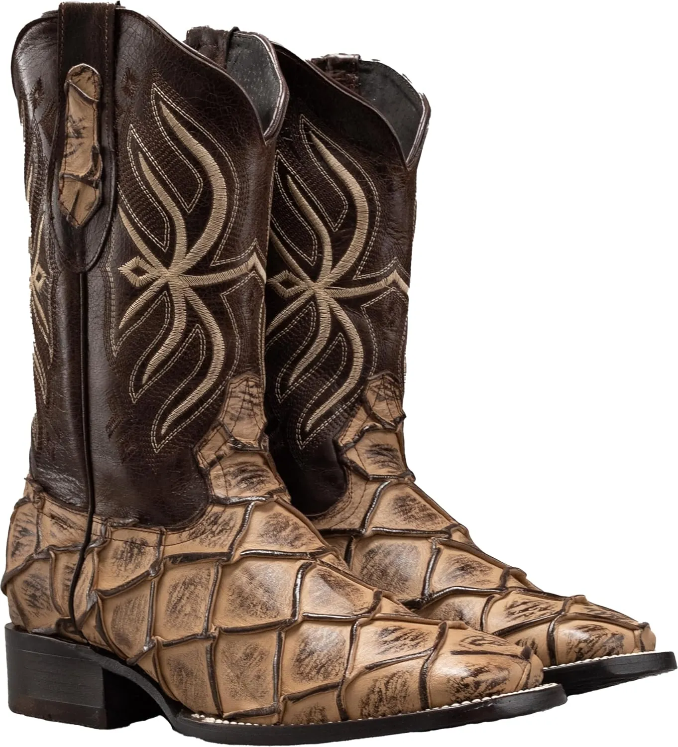 Joe Boots 708 Exotic Pirarucu Leather Print Men's Embroidered Square Toe Cowboy/Rodeo Boots Leather outsole