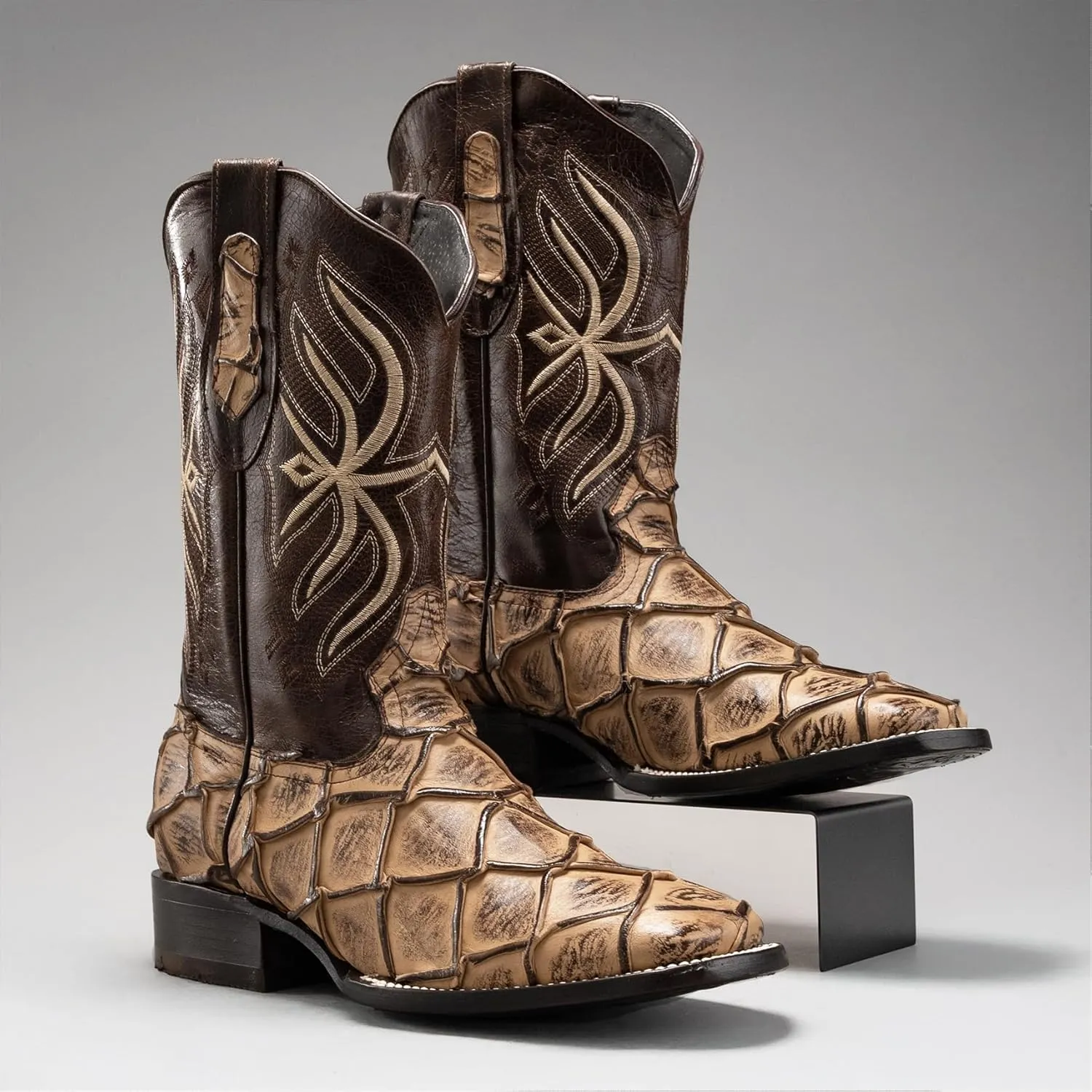 Joe Boots 708 Exotic Pirarucu Leather Print Men's Embroidered Square Toe Cowboy/Rodeo Boots Leather outsole