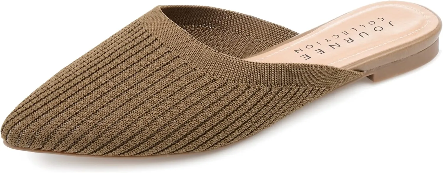 Journee Flat Knit Mules for Women - Closed Pointed Toe Slip-On Shoe - Comfortable Aniee Slide