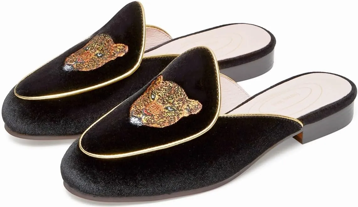 Journey West Women's Mules Flats with Embroidery Belgian Loafers Slip on Slippers for Women