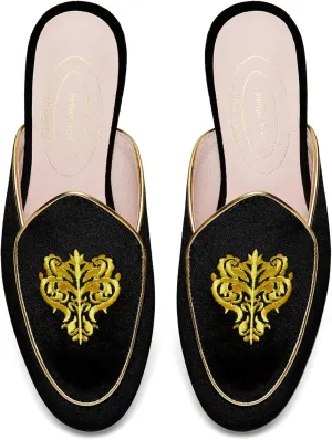 Journey West Women's Mules Flats with Embroidery Belgian Loafers Slip on Slippers for Women