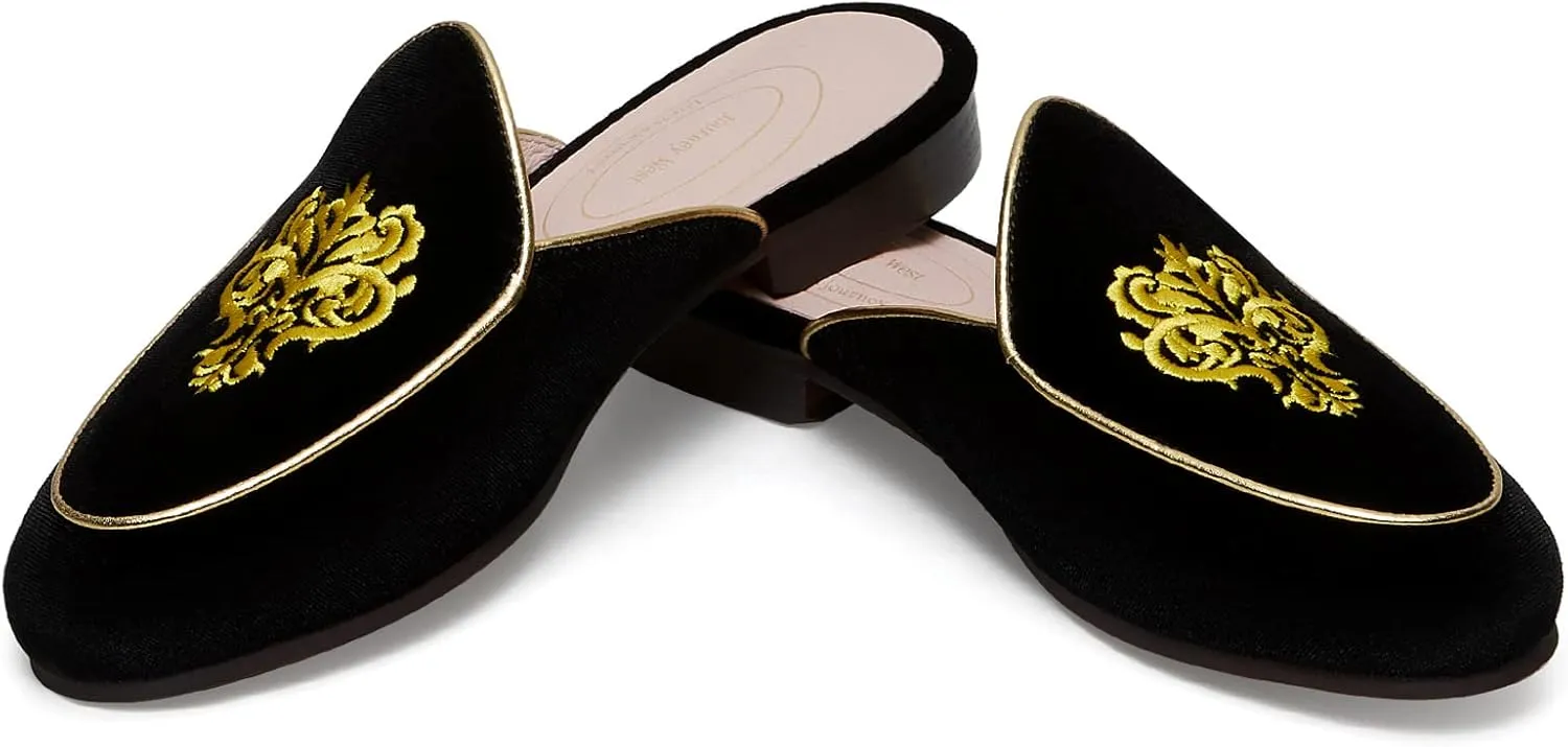 Journey West Women's Mules Flats with Embroidery Belgian Loafers Slip on Slippers for Women