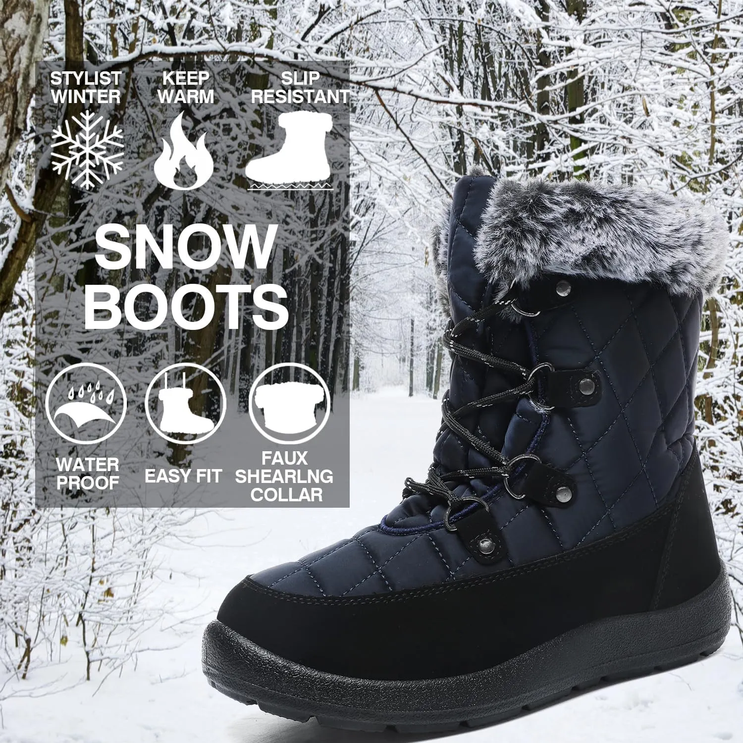 JSWEI Women's Snow Boots Warm and Comfortable Outdoor Non Slip Fur Lined Winter Boots Anti Cold Zipper Snow Boot