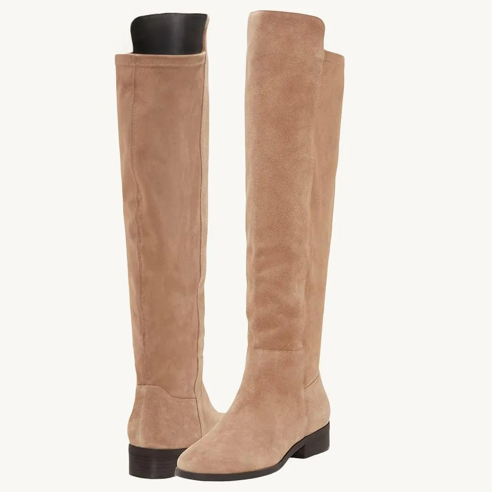 Juliet Holy Womens Knee High Boots Round Toe Chunky Block Heels Suede Fashion Winter Booties