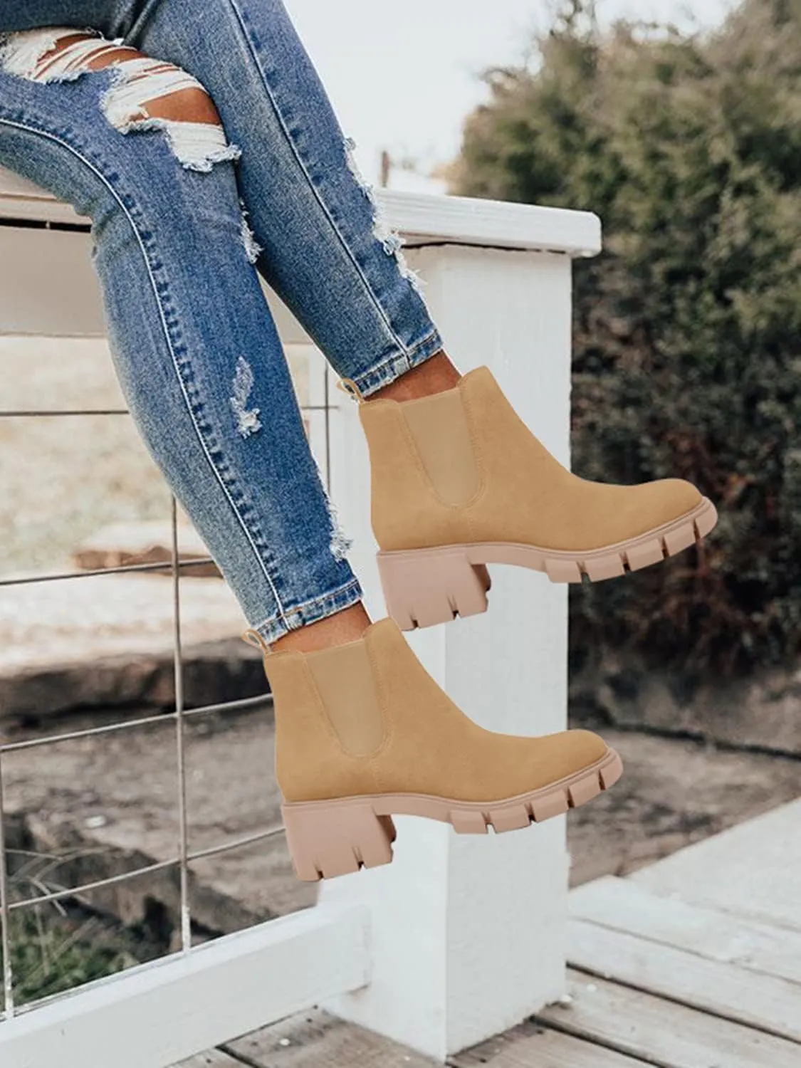 Juliet Holy Womens Lug Sole Platform Ankle Booties Chelsea Slip on Chunky Block Heel Leather Combat Boots