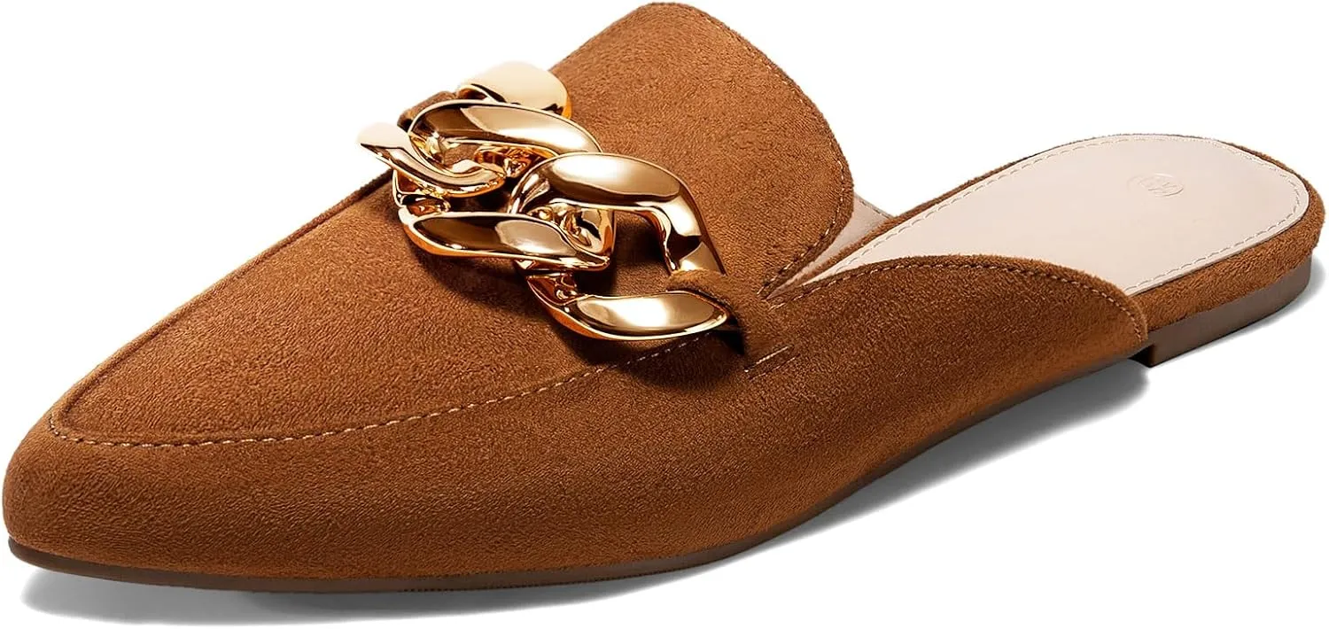 Juliet Holy Womens Mules Flats Pointed Toe Backless Loafers Slip on Metal Chain Slides