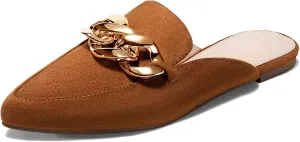 Juliet Holy Womens Mules Flats Pointed Toe Backless Loafers Slip on Metal Chain Slides