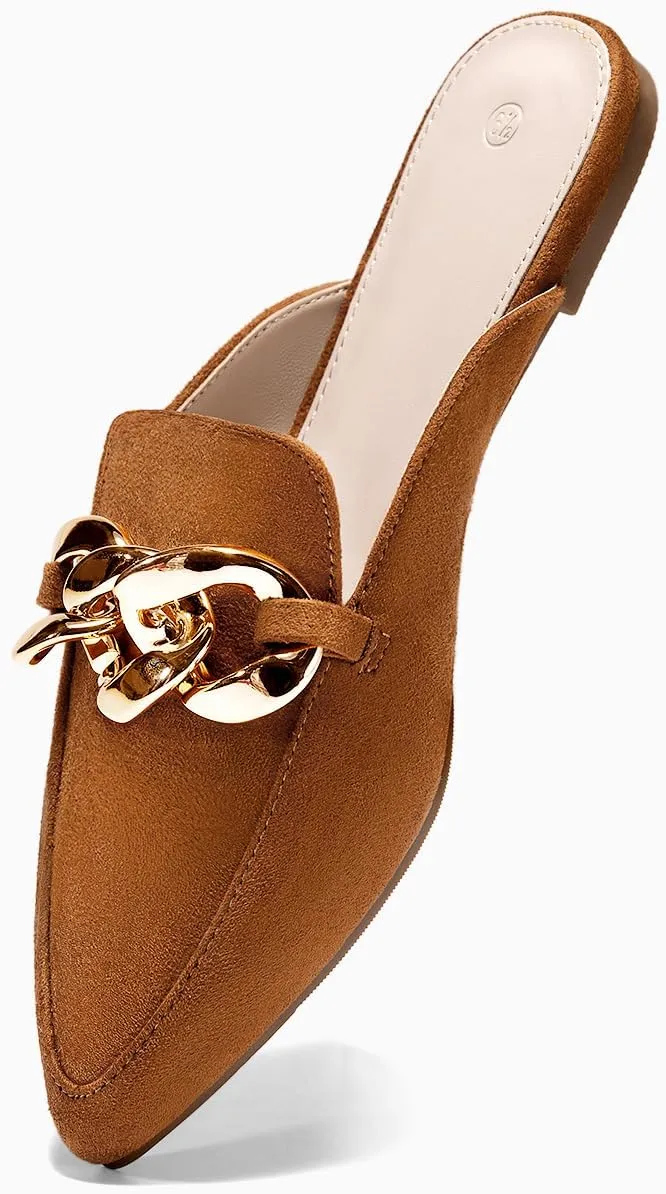 Juliet Holy Womens Mules Flats Pointed Toe Backless Loafers Slip on Metal Chain Slides