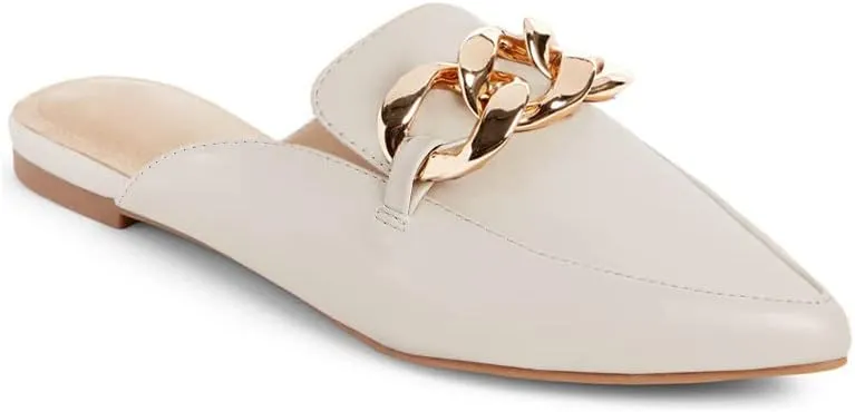 Juliet Holy Womens Mules Flats Pointed Toe Backless Loafers Slip on Metal Chain Slides