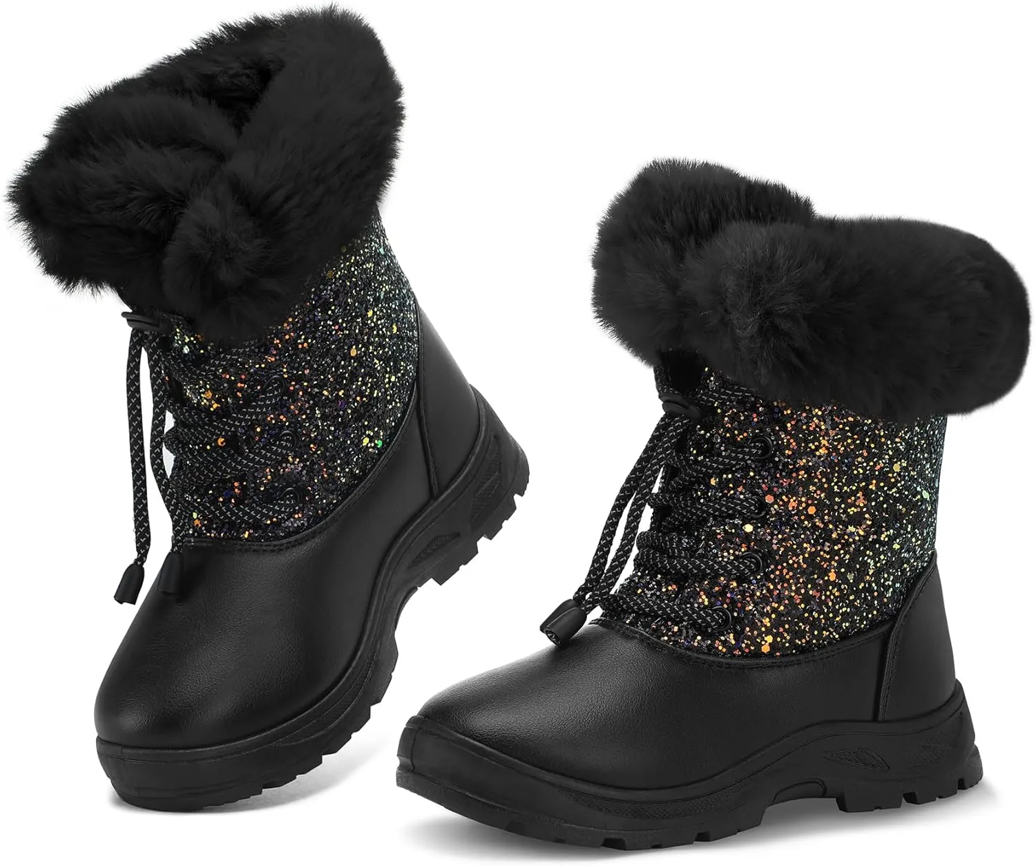 K KomForme Girls Glitter Snow Boots Kids Bungee Lacing Warm Faux Fur-Lined Anti-Slip Outdoor Winter Shoes Toddler/Little Kid/Big Kid