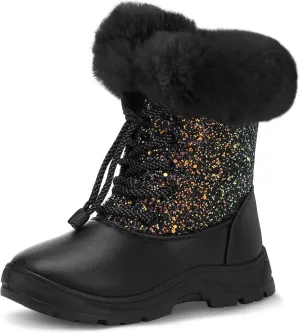 K KomForme Girls Glitter Snow Boots Kids Bungee Lacing Warm Faux Fur-Lined Anti-Slip Outdoor Winter Shoes Toddler/Little Kid/Big Kid
