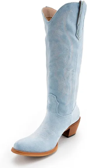 KaroNairy Women Cowboy Boots Faux Suede Embroidered Pointed Thick Heeled Western Wide Calf Cowgirl Ponited Toe Mid Calf Boots