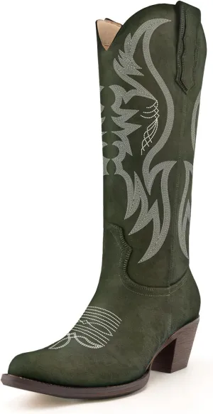 KaroNairy Women Cowboy Boots Faux Suede Embroidered Pointed Thick Heeled Western Wide Calf Cowgirl Ponited Toe Mid Calf Boots