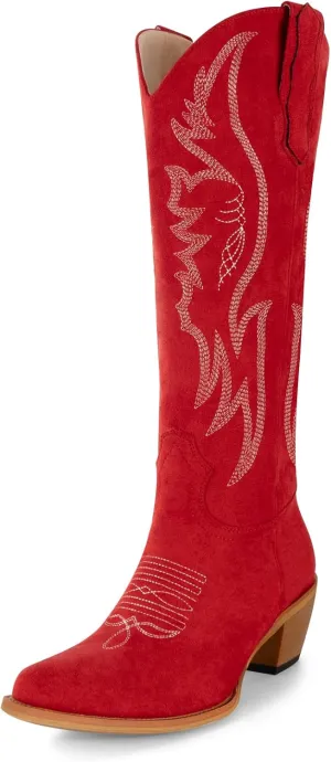 KaroNairy Women Cowboy Boots Faux Suede Embroidered Pointed Thick Heeled Western Wide Calf Cowgirl Ponited Toe Mid Calf Boots