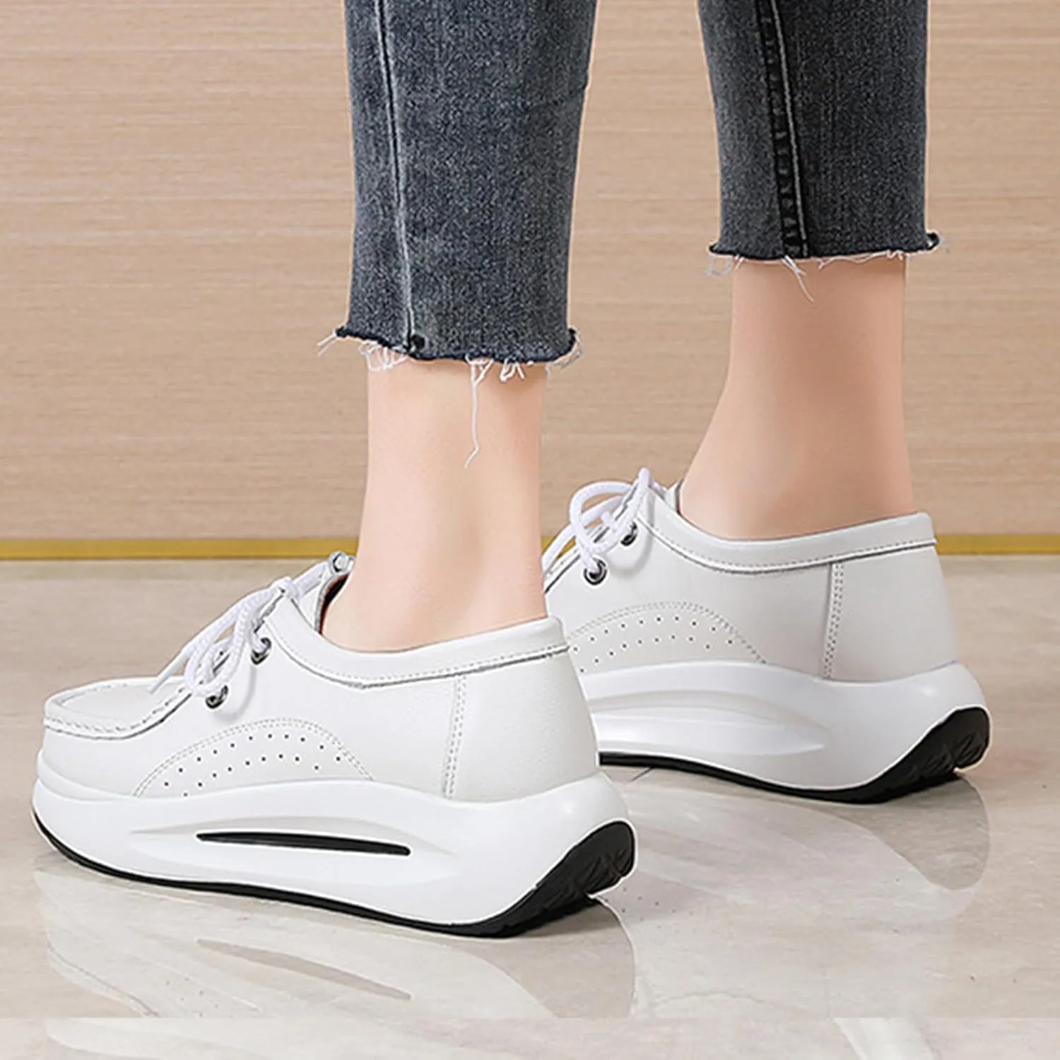 Keilinia Women's Lightweight Platform Leather Casual Shoes,Comfort Breathable Non-Slip Stretch Cushion Walking Fashion Sneakers