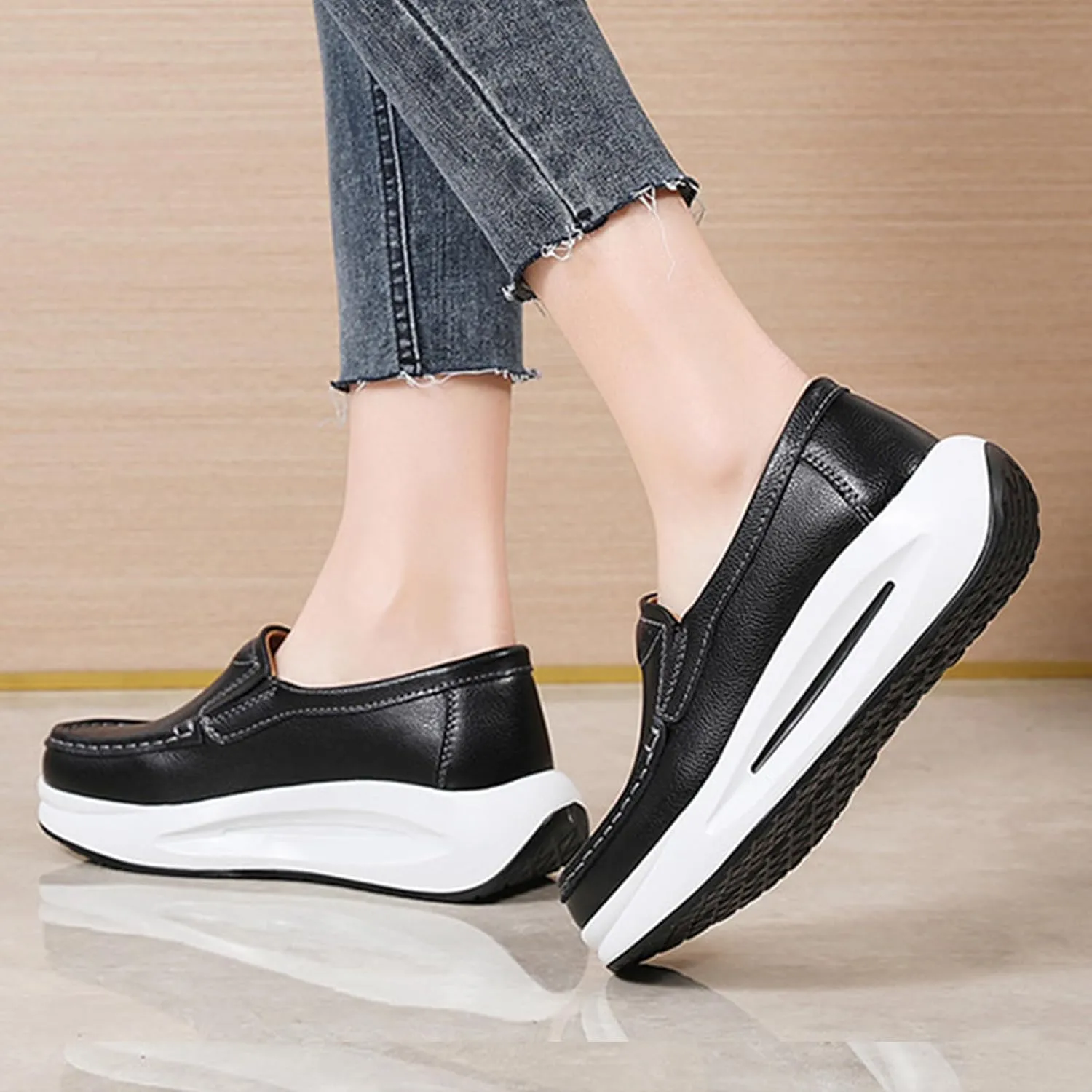 Keilinia Women's Lightweight Platform Leather Casual Shoes,Comfort Breathable Non-Slip Stretch Cushion Walking Fashion Sneakers