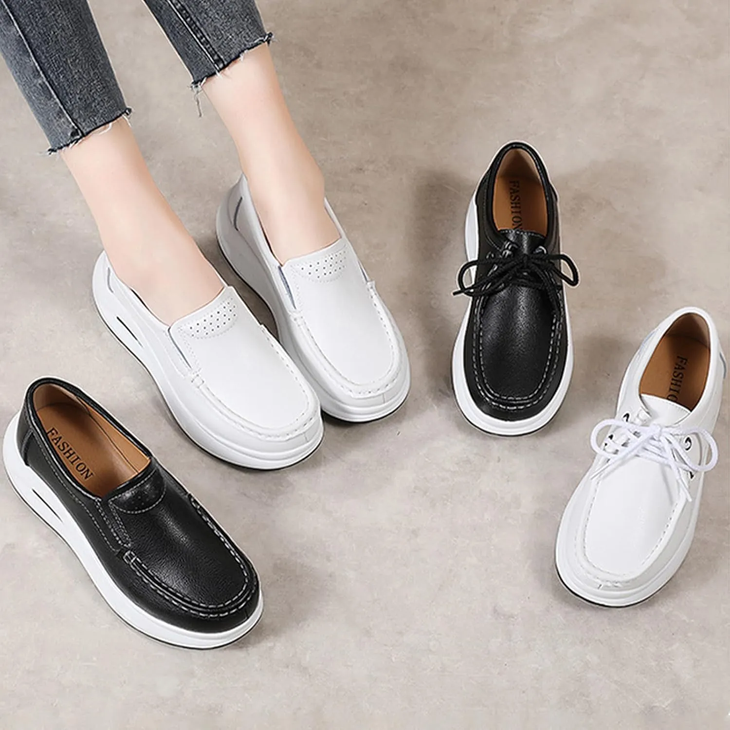 Keilinia Women's Lightweight Platform Leather Casual Shoes,Comfort Breathable Non-Slip Stretch Cushion Walking Fashion Sneakers