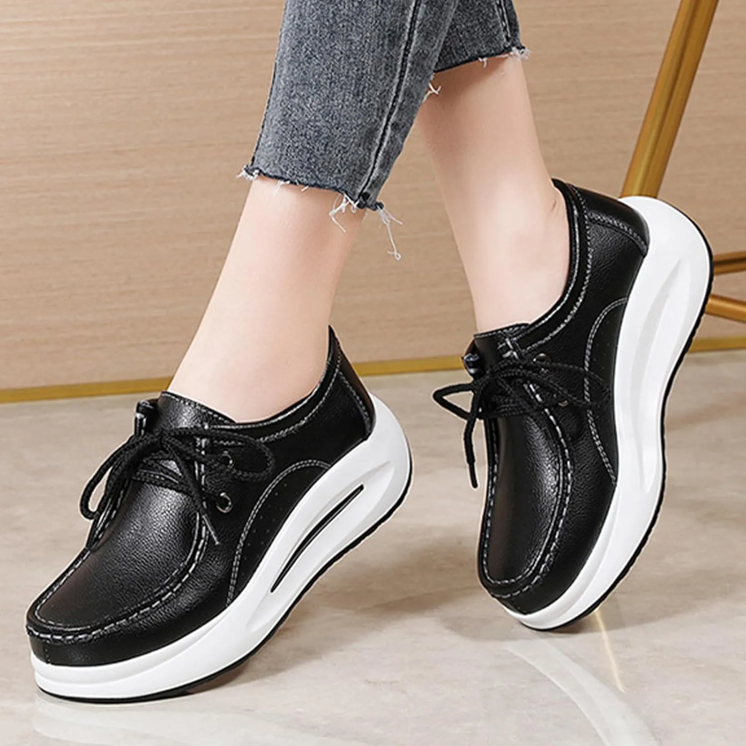 Keilinia Women's Lightweight Platform Leather Casual Shoes,Comfort Breathable Non-Slip Stretch Cushion Walking Fashion Sneakers