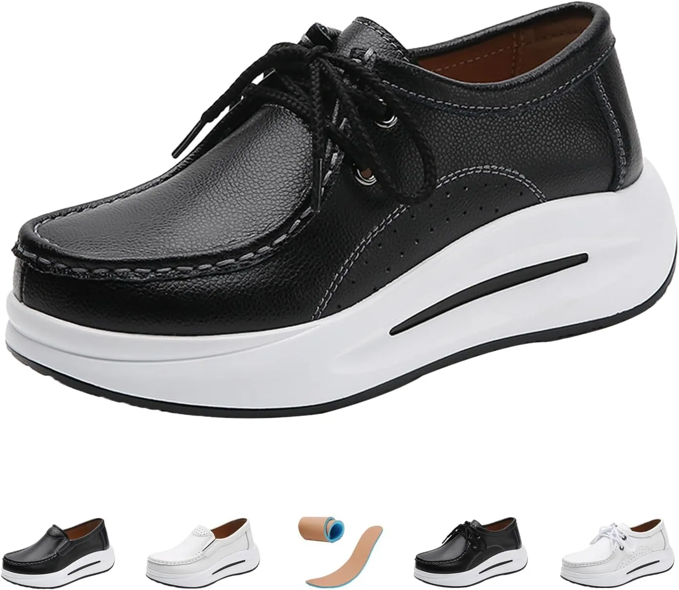 Keilinia Women's Lightweight Platform Leather Casual Shoes,Comfort Breathable Non-Slip Stretch Cushion Walking Fashion Sneakers