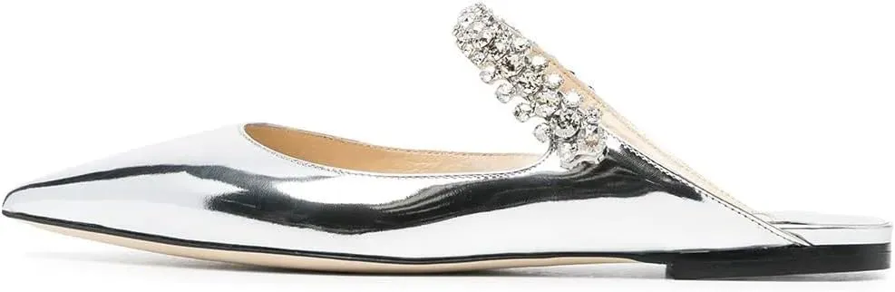 keleimusi Flat Mules with Crystal Strap Slide Pointed Toe Leather Sandals