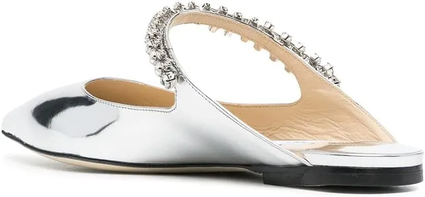 keleimusi Flat Mules with Crystal Strap Slide Pointed Toe Leather Sandals