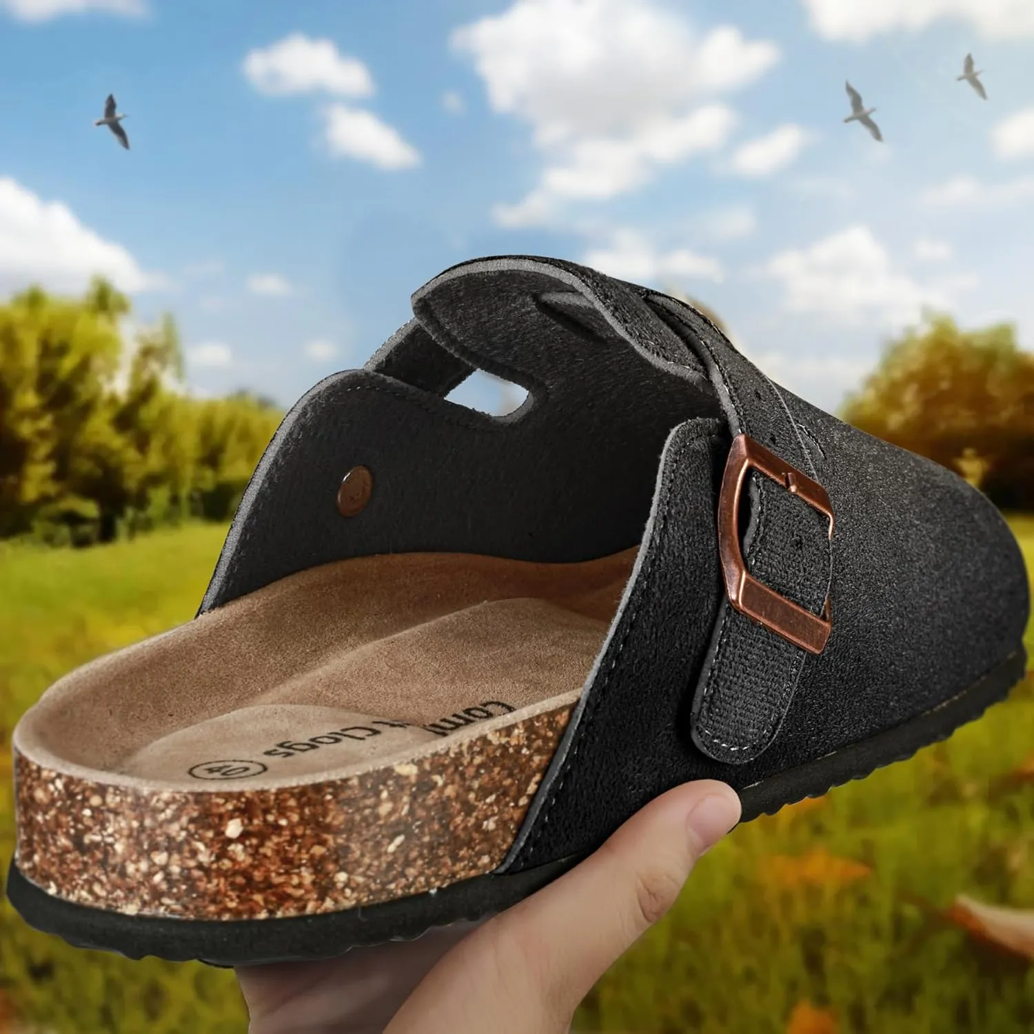 KEMISANT Women Clogs Comfortable Mules Clogs Sandals Slippers Men Women-Suede Upper Cushioned Cork-Footbed
