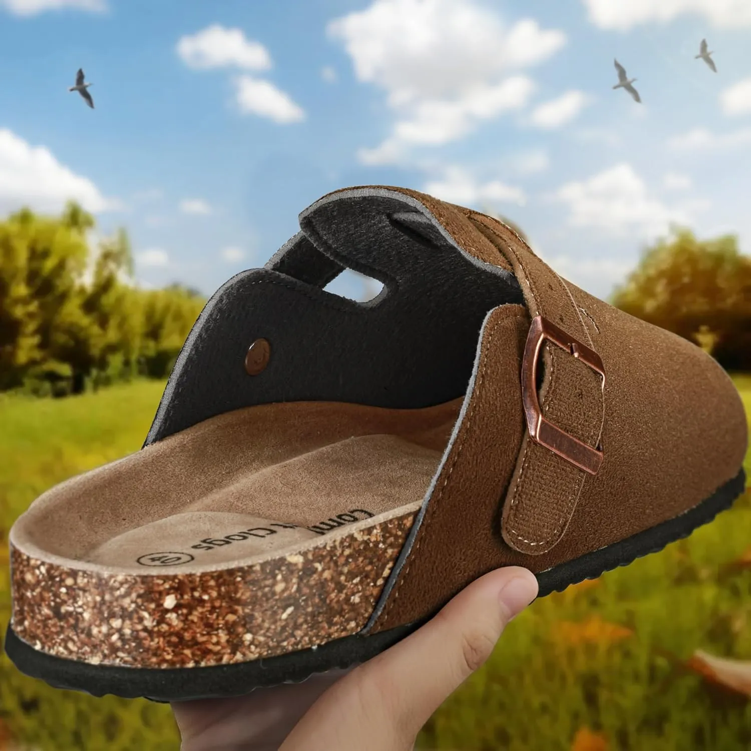 KEMISANT Women Clogs Comfortable Mules Clogs Sandals Slippers Men Women-Suede Upper Cushioned Cork-Footbed