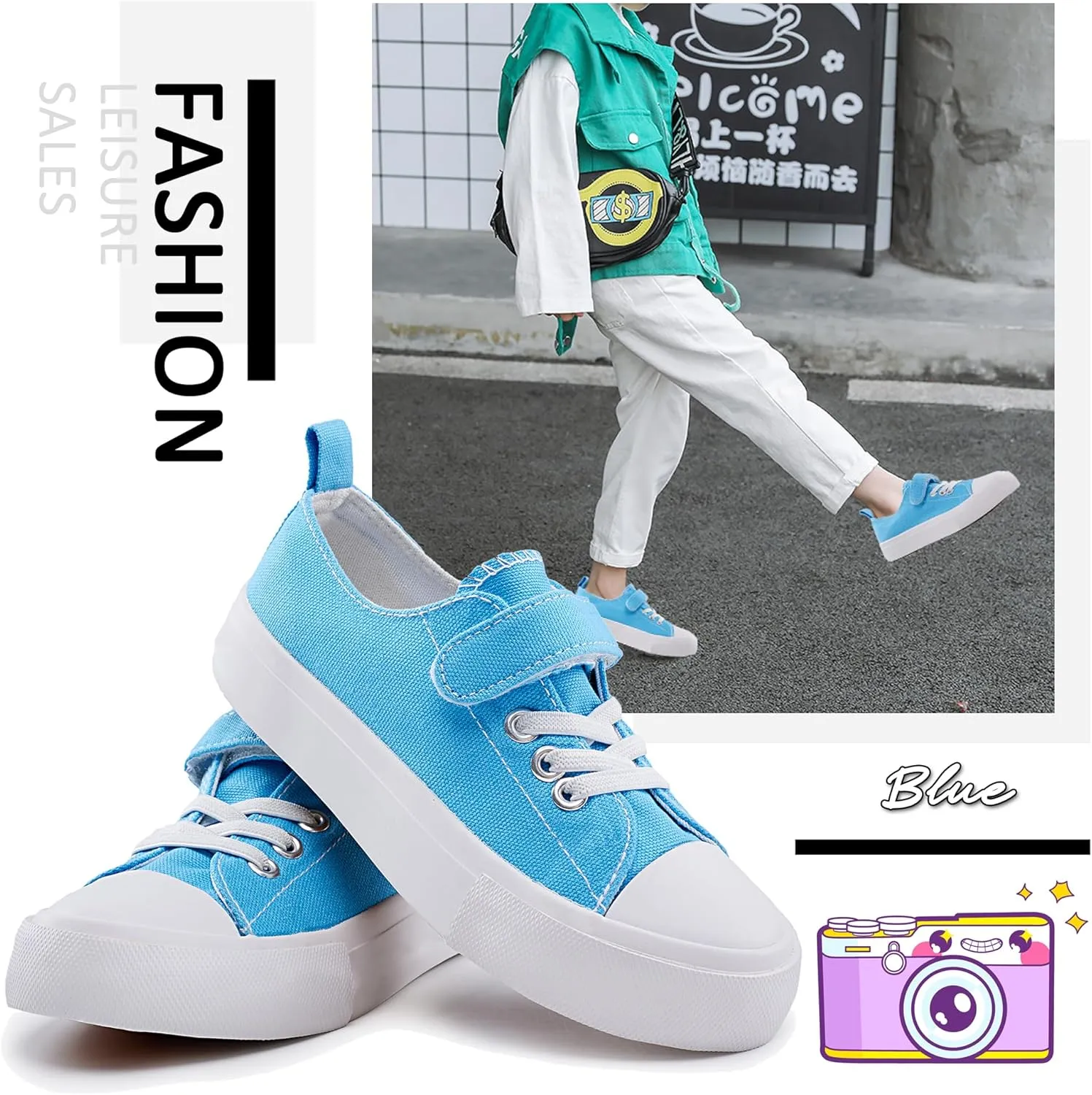 Kids Canvas Sneakers for Boys Girls Lace-up Canvas Shoes Low Top Toddler Walking Shoes Casual Lightweight Adjustable Strap Big Kid Running Sneakers
