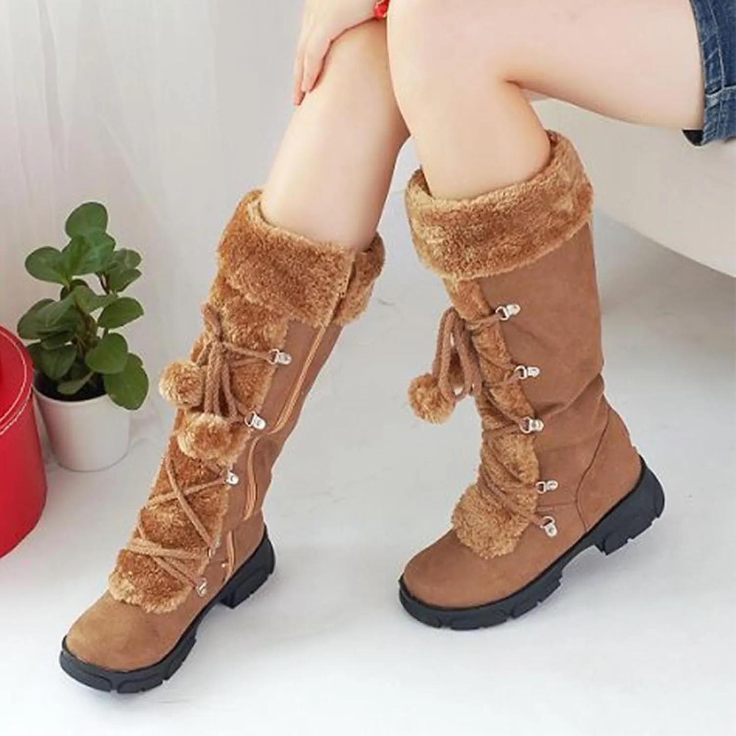 Knee-High Snow Boots, Straight Mid-Calf Boots Round Toe Thick Low Heel Front Lace-Up Plush Warm Straight Boots Suede Non-Slip Raw Edge Women's Boots