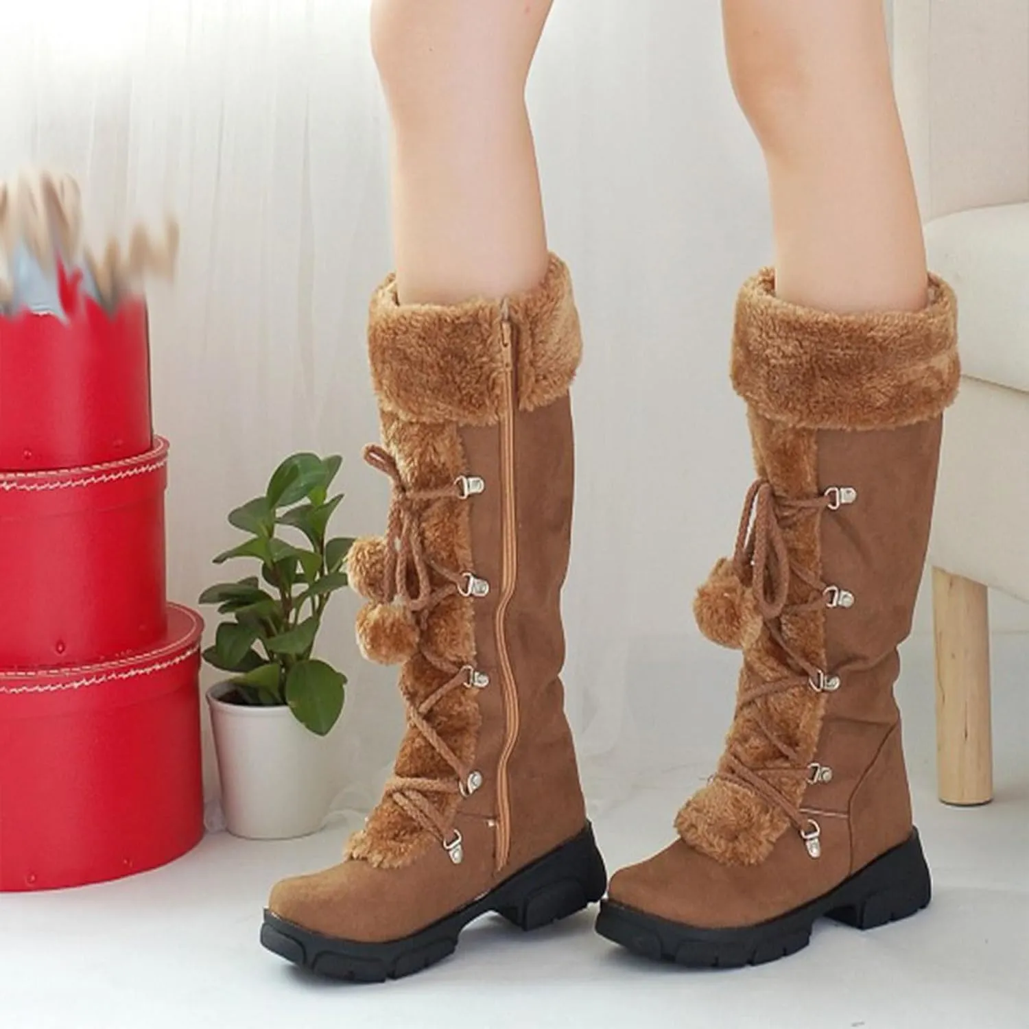 Knee-High Snow Boots, Straight Mid-Calf Boots Round Toe Thick Low Heel Front Lace-Up Plush Warm Straight Boots Suede Non-Slip Raw Edge Women's Boots