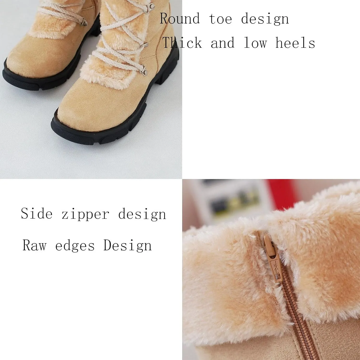 Knee-High Snow Boots, Straight Mid-Calf Boots Round Toe Thick Low Heel Front Lace-Up Plush Warm Straight Boots Suede Non-Slip Raw Edge Women's Boots
