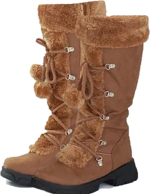 Knee-High Snow Boots, Straight Mid-Calf Boots Round Toe Thick Low Heel Front Lace-Up Plush Warm Straight Boots Suede Non-Slip Raw Edge Women's Boots