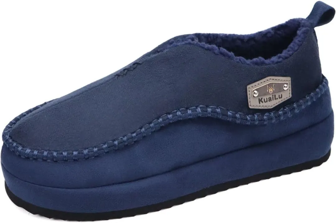KuaiLu Men's Slippers Cozy Memory Foam House Slipper Shoes Warm Suede Winter Moccasins Slip-on Boots Slippers For Man with Fuzzy Sherpa Lining & Indoor/Outdoor Hard Rubber Sole