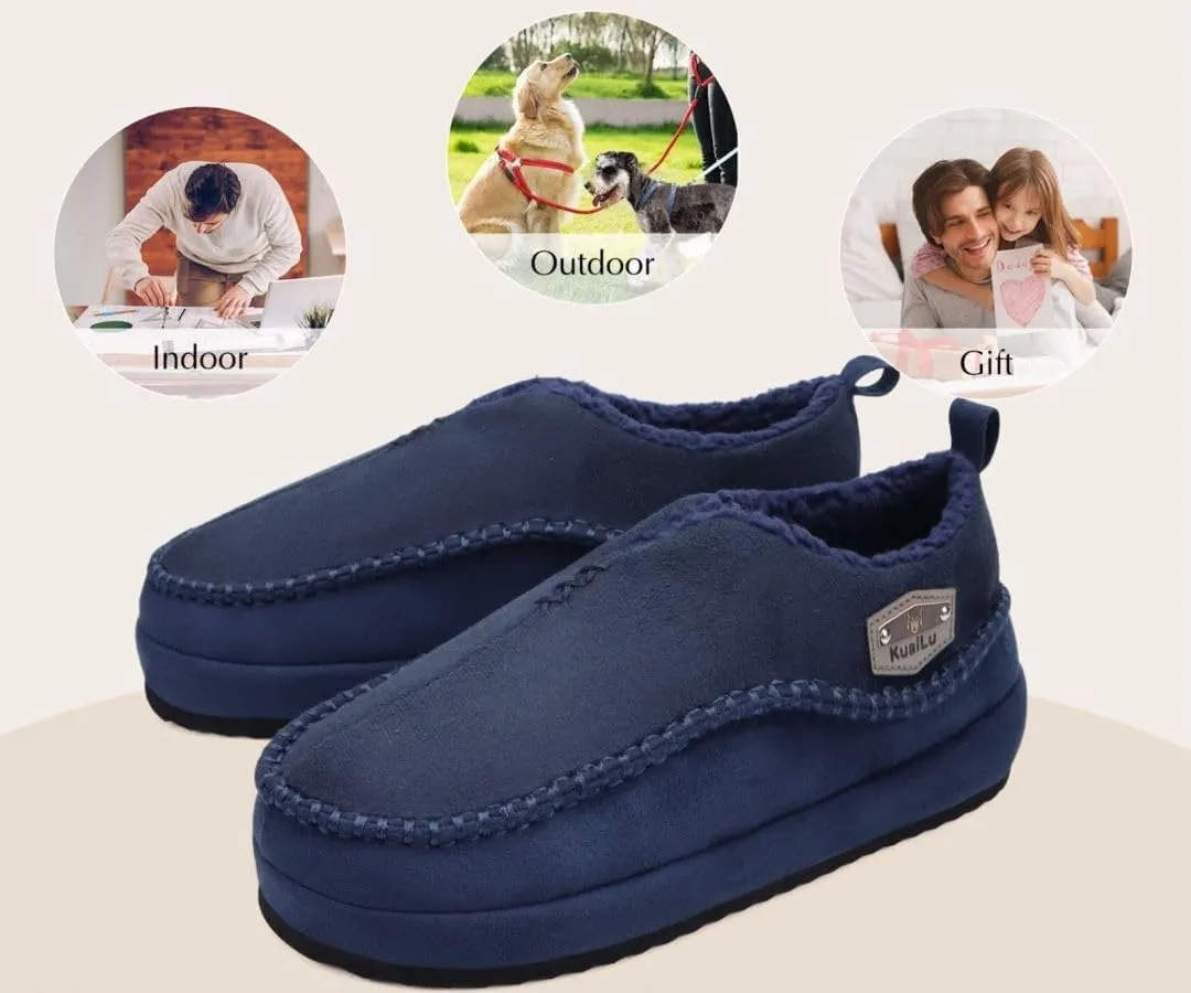 KuaiLu Men's Slippers Cozy Memory Foam House Slipper Shoes Warm Suede Winter Moccasins Slip-on Boots Slippers For Man with Fuzzy Sherpa Lining & Indoor/Outdoor Hard Rubber Sole