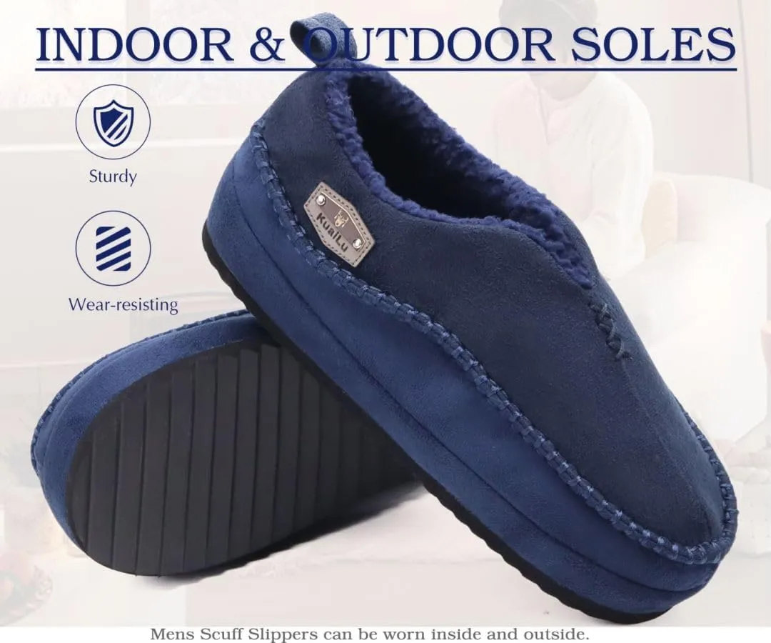 KuaiLu Men's Slippers Cozy Memory Foam House Slipper Shoes Warm Suede Winter Moccasins Slip-on Boots Slippers For Man with Fuzzy Sherpa Lining & Indoor/Outdoor Hard Rubber Sole