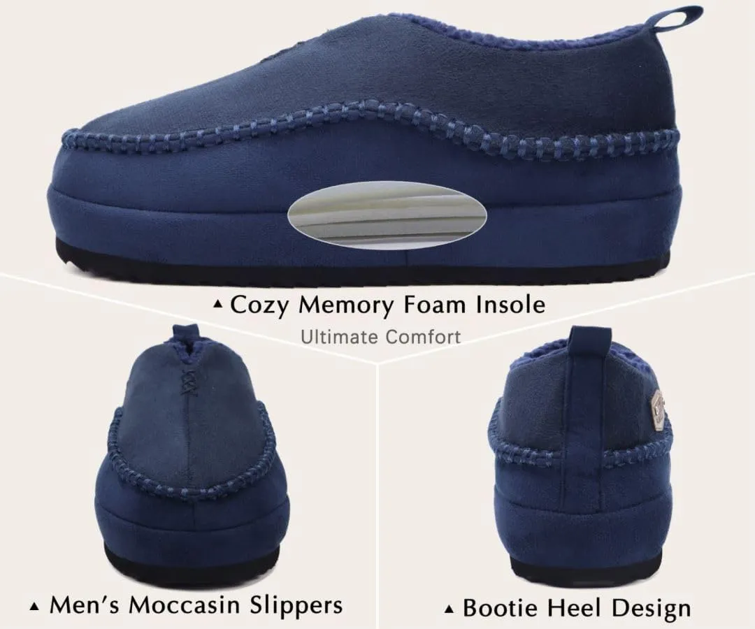 KuaiLu Men's Slippers Cozy Memory Foam House Slipper Shoes Warm Suede Winter Moccasins Slip-on Boots Slippers For Man with Fuzzy Sherpa Lining & Indoor/Outdoor Hard Rubber Sole