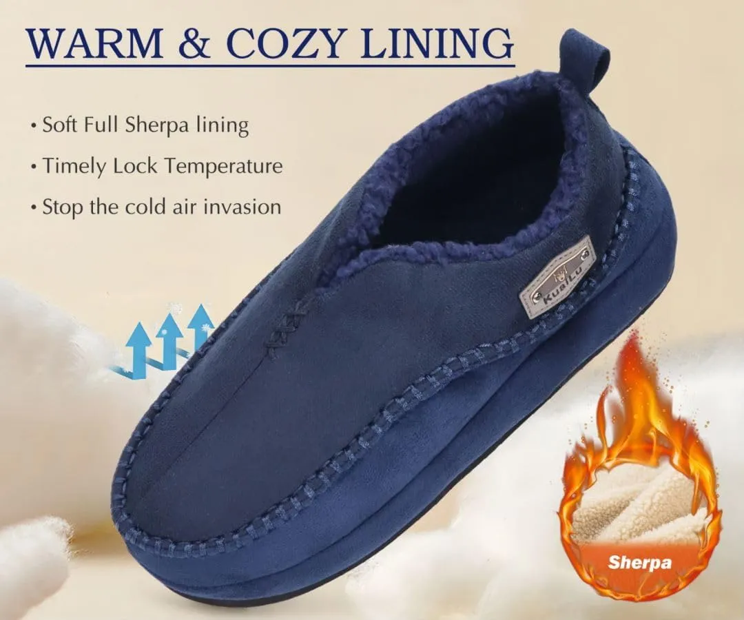KuaiLu Men's Slippers Cozy Memory Foam House Slipper Shoes Warm Suede Winter Moccasins Slip-on Boots Slippers For Man with Fuzzy Sherpa Lining & Indoor/Outdoor Hard Rubber Sole