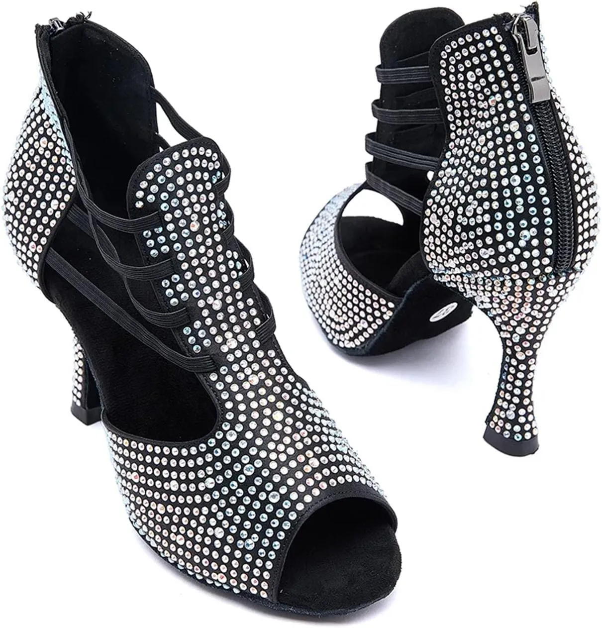 Ladies Black Velvet Evening Sandals - Rhinestone-Encrusted Straps for Midnight Celebrations (7.5CM/2.95")